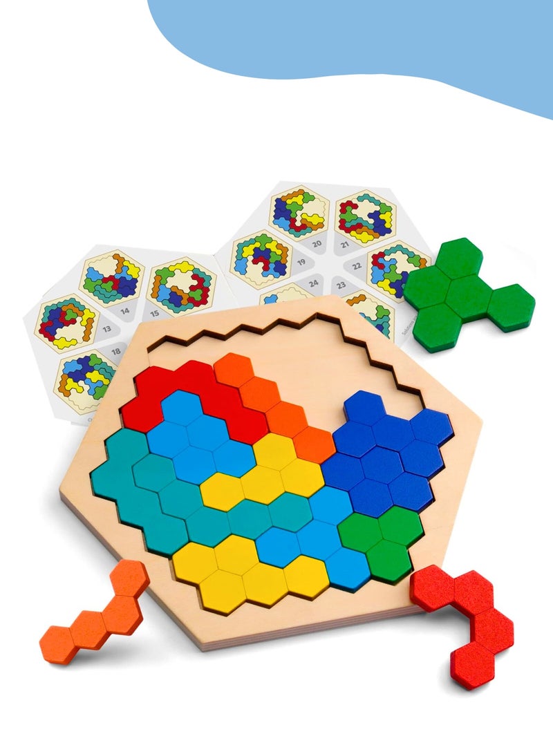 لعبة أحجية سداسية خشبية - لعبة أحجية تانغرام بأشكال هندسية منطقية، لعبة ذكاء، هدية تعليمية من مونتيسوري لجميع الأعمار، تحدي - Image 1