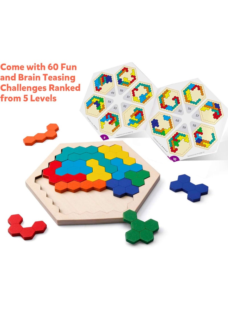 لعبة أحجية سداسية خشبية - لعبة أحجية تانغرام بأشكال هندسية منطقية، لعبة ذكاء، هدية تعليمية من مونتيسوري لجميع الأعمار، تحدي - Image 2
