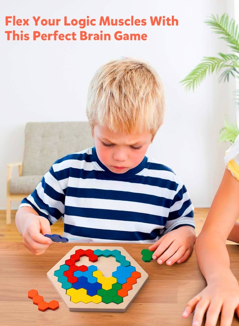 لعبة أحجية سداسية خشبية - لعبة أحجية تانغرام بأشكال هندسية منطقية، لعبة ذكاء، هدية تعليمية من مونتيسوري لجميع الأعمار، تحدي - Image 4