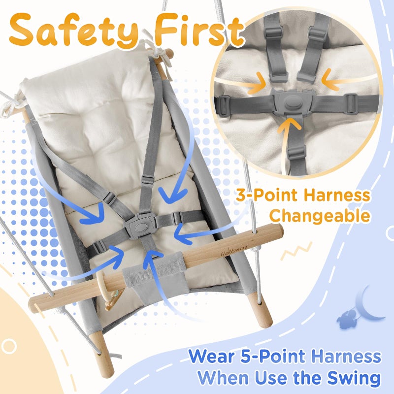 gladswing Baby Swing Indoor and Outdoor, Canvas Hammock Swing for Baby to Toddler with a Comfortable Seat, Macaroon Wooden Toy, Adjustable 5-Point Harness,3 Modes,Gift for Baby Boys Girls, Grey&White - Image 3