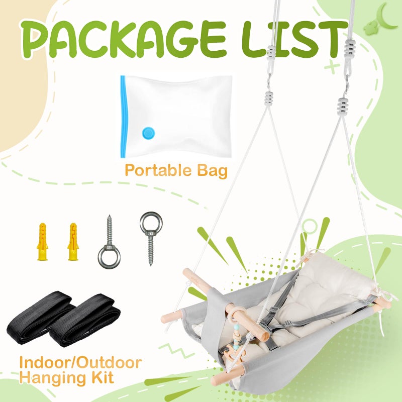 gladswing Baby Swing Indoor and Outdoor, Canvas Hammock Swing for Baby to Toddler with a Comfortable Seat, Macaroon Wooden Toy, Adjustable 5-Point Harness,3 Modes,Gift for Baby Boys Girls, Grey&White - Image 4