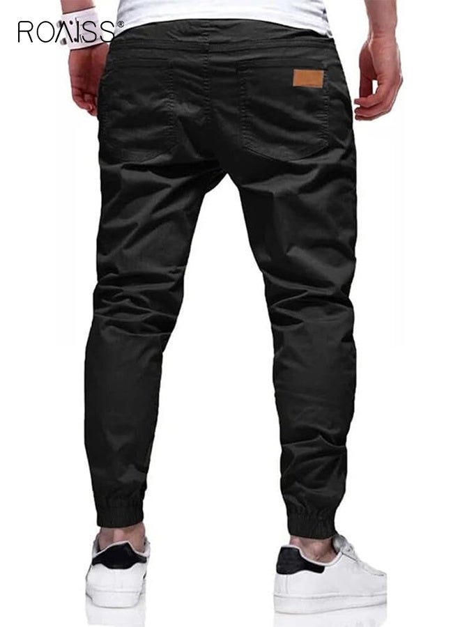 roaiss Men's Quick Dry Cargo Work Pants Lightweight Waterproof Hiking Pants Zipper Pockets Drawstring Elastic Waist Casual Pants Outdoor Sports Pants Solid Color Black - Image 2