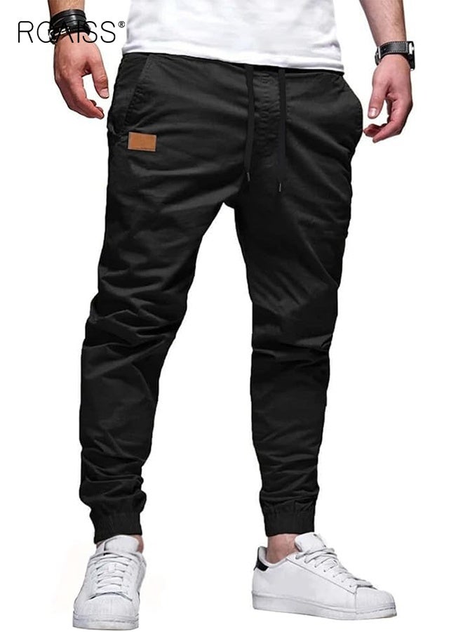 roaiss Men's Quick Dry Cargo Work Pants Lightweight Waterproof Hiking Pants Zipper Pockets Drawstring Elastic Waist Casual Pants Outdoor Sports Pants Solid Color Black - Image 1