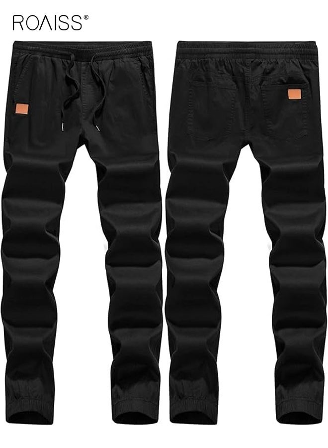 roaiss Men's Quick Dry Cargo Work Pants Lightweight Waterproof Hiking Pants Zipper Pockets Drawstring Elastic Waist Casual Pants Outdoor Sports Pants Solid Color Black - Image 3