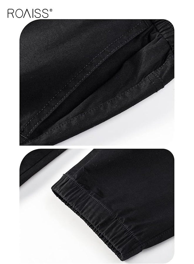 roaiss Men's Quick Dry Cargo Work Pants Lightweight Waterproof Hiking Pants Zipper Pockets Drawstring Elastic Waist Casual Pants Outdoor Sports Pants Solid Color Black - Image 5
