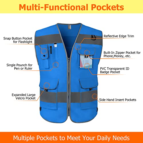 TCCFCCT Hi Vis Vest 9 Pockets High Visibility Reflective Safety Vest for Men Women, Safety Construction Vest with Reflective Strips, Meets ANSI/ISEA Standards, (Blue, Medium) - Image 3