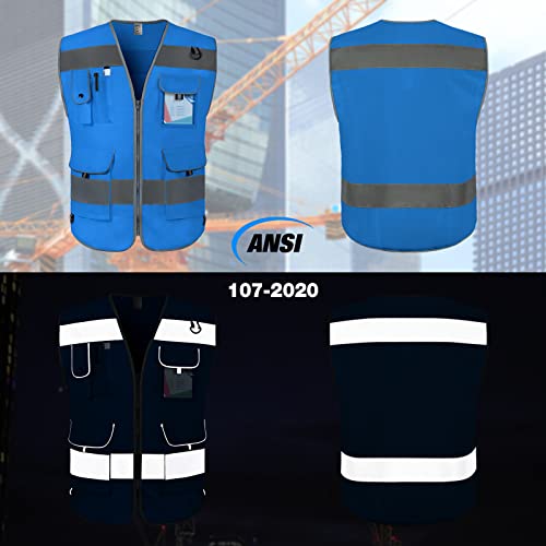 TCCFCCT Hi Vis Vest 9 Pockets High Visibility Reflective Safety Vest for Men Women, Safety Construction Vest with Reflective Strips, Meets ANSI/ISEA Standards, (Blue, Medium) - Image 2
