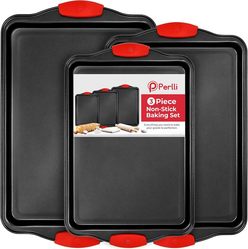 PERLLI Non-Stick 3-Piece Baking Pan Set, BPA-Free Carbon Steel Bakeware Set with Silicone Handles, Stackable Kitchen Oven Set, Cookie Sheet, Baking Tray, Baking Sheet Set, Oven Safe (446°F) - Image 1