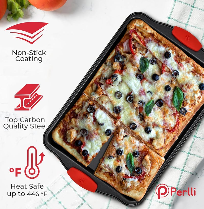 PERLLI Non-Stick 3-Piece Baking Pan Set, BPA-Free Carbon Steel Bakeware Set with Silicone Handles, Stackable Kitchen Oven Set, Cookie Sheet, Baking Tray, Baking Sheet Set, Oven Safe (446°F) - Image 3