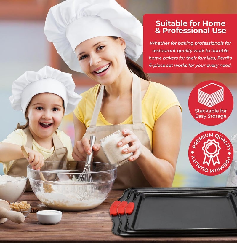 PERLLI Non-Stick 3-Piece Baking Pan Set, BPA-Free Carbon Steel Bakeware Set with Silicone Handles, Stackable Kitchen Oven Set, Cookie Sheet, Baking Tray, Baking Sheet Set, Oven Safe (446°F) - Image 5