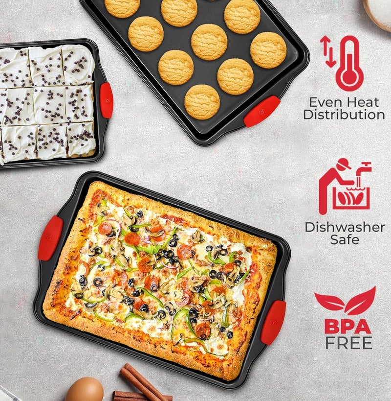 PERLLI Non-Stick 3-Piece Baking Pan Set, BPA-Free Carbon Steel Bakeware Set with Silicone Handles, Stackable Kitchen Oven Set, Cookie Sheet, Baking Tray, Baking Sheet Set, Oven Safe (446°F) - Image 4