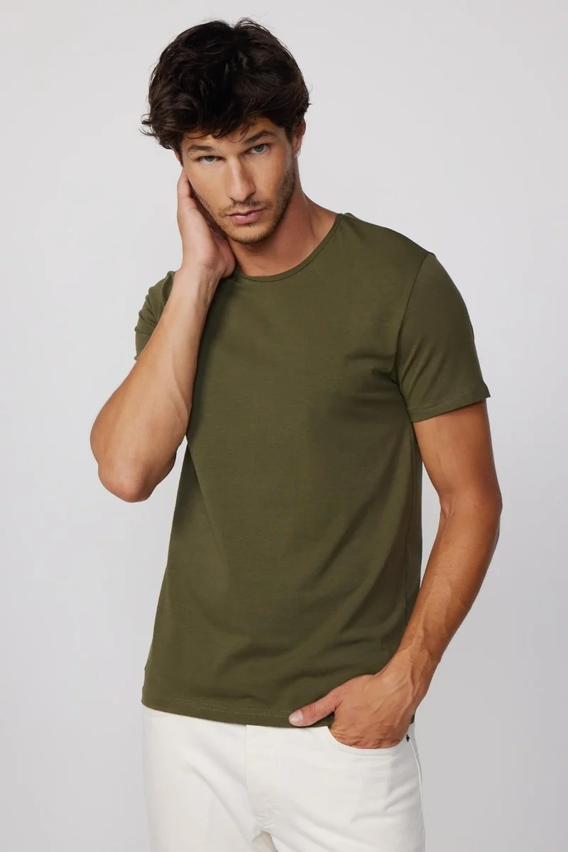 تودورس Slim Fit Crew Neck Plain Basic Short Sleeve Khaki T-Shirt
