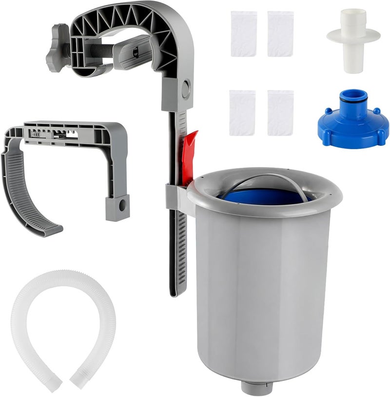 Shineforu Above Ground Pool Skimmer with 4 Skimmer Socks, Floating Surface Skimmer, Wall Mount Pool Surface Skimmer with Hose and Basket, Attaches to Inflatable Collars, Tubular and Metal Frames (Gray) - Image 1