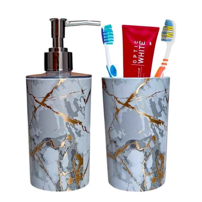 LAGET® Bathroom Accessories Set for Utility and Toothbrush Holder Bathroom Decor | Handwash Liquid Soap Dispenser Pump for Bathroom, Kitchen, Wash Basin, Sink (White Thunder) - Image 1