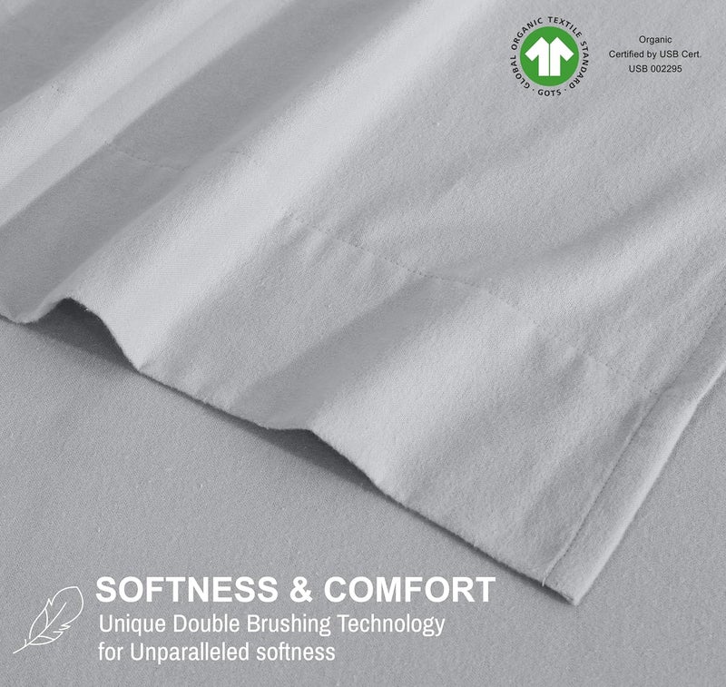 RUVANTI Flannel Sheets Queen Size - GOTS Certified 100% Organic Cotton, 4 Piece Warm, Soft & Breathable Set, Deep Pocket Snug Fit, Double Brushed Cozy All Season Bedding, Light Grey - Image 3
