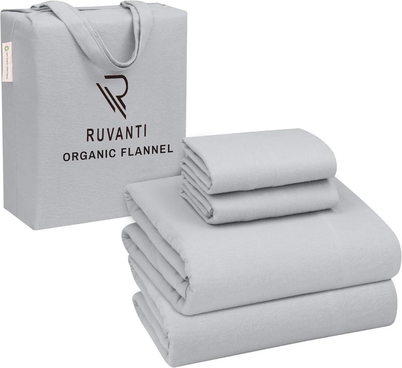 RUVANTI Flannel Sheets Queen Size - GOTS Certified 100% Organic Cotton, 4 Piece Warm, Soft & Breathable Set, Deep Pocket Snug Fit, Double Brushed Cozy All Season Bedding, Light Grey - Image 1