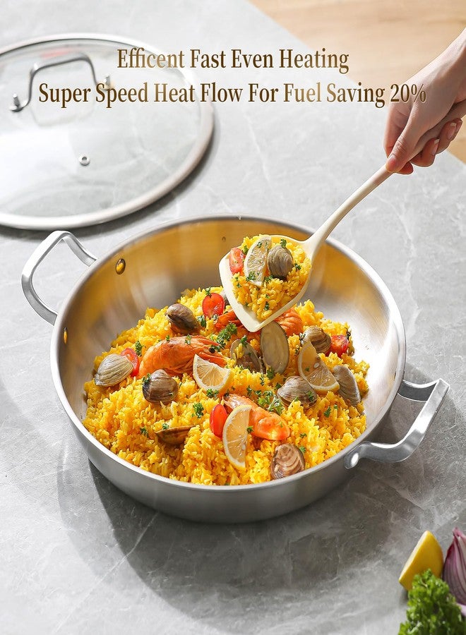 DELARLO Tri-Ply Stainless Steel 14 Inch Paella Pan Kitchen Large Frying Pan,Skillets,Induction Oven & Dishwasher Safe - Image 4