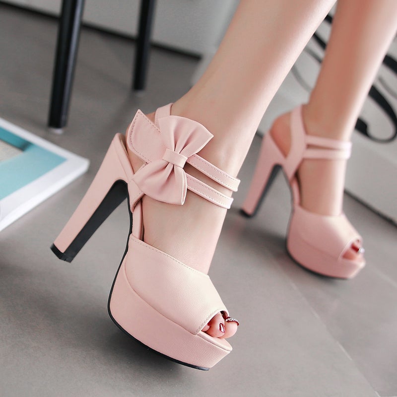 Peep-Toed Shoes Bow Sandals Women High Heels - Image 2