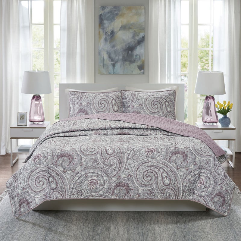 Comfort Spaces Comfort Spaces Quilt SetTrendy Paisley Summer Cover Cozy Coverlet Lightweight All Season Bedding Layer for Winter Matching Shams KingCal King Kashmir Paisley Purple