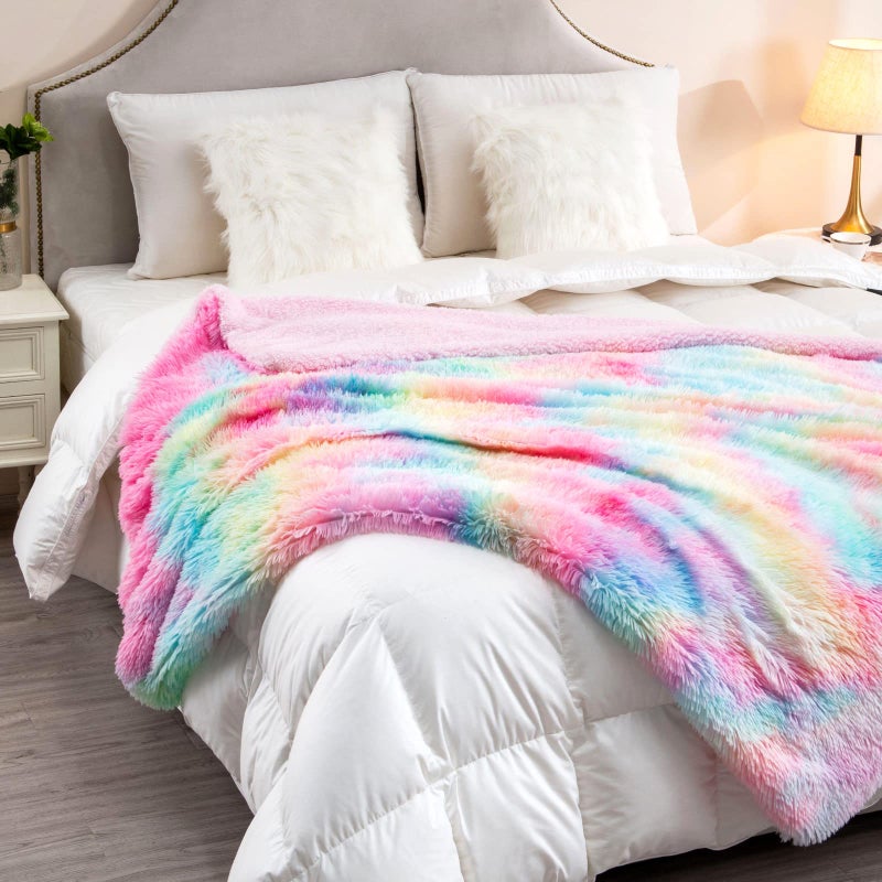 DANGTOP Faux Fur Throw Blanket, Tie Dye Fluffy Blanket, Super Soft Rainbow Blanket for Girls, Luxury Cozy Warm Plush Thick Sherpa Throws for Bed Couch Living Room (Rainbow, 50X60 inches) - Image 3