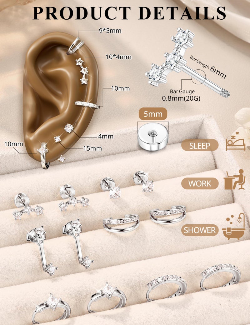 MILACOLATO 6 Pairs Silver Earrings Stacks for Women Trendy Dainty 14K Gold Plated Small Stud Huggie Hoop Earring Sets for Multiple Piercing Hypoallergenic Flat Back Cartilage Earrings for Sensitive Ears SS - Image 2
