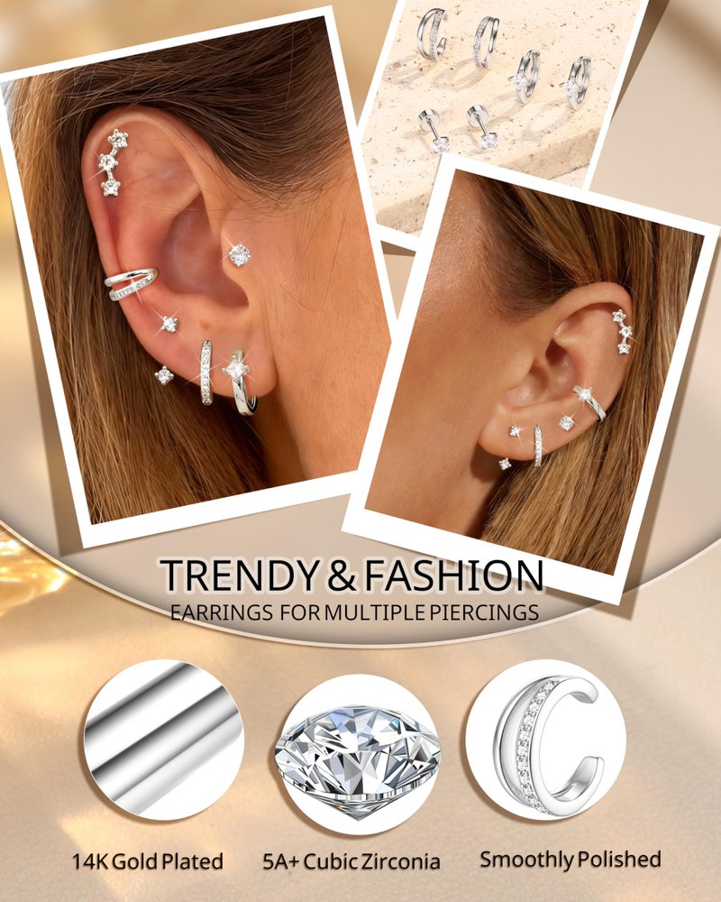 MILACOLATO 6 Pairs Silver Earrings Stacks for Women Trendy Dainty 14K Gold Plated Small Stud Huggie Hoop Earring Sets for Multiple Piercing Hypoallergenic Flat Back Cartilage Earrings for Sensitive Ears SS - Image 4