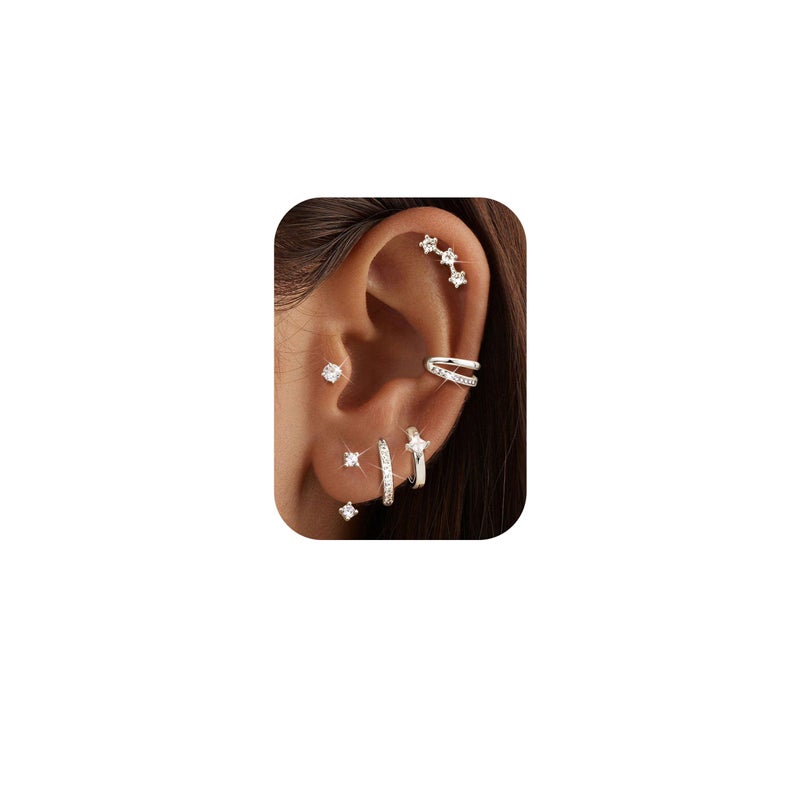 MILACOLATO 6 Pairs Silver Earrings Stacks for Women Trendy Dainty 14K Gold Plated Small Stud Huggie Hoop Earring Sets for Multiple Piercing Hypoallergenic Flat Back Cartilage Earrings for Sensitive Ears SS - Image 1