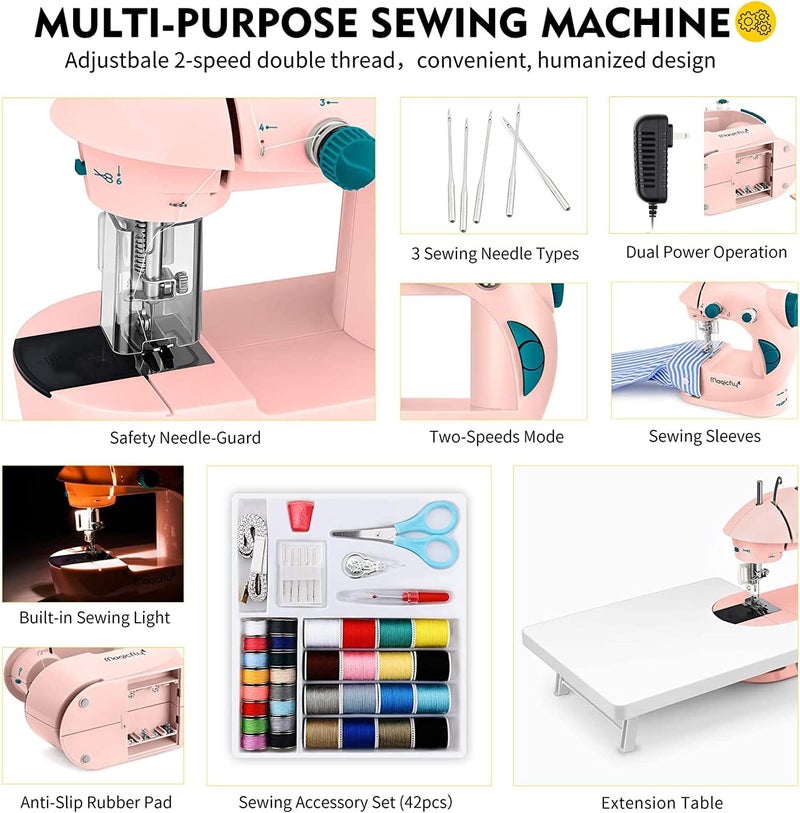 Magicfly Mini Sewing Machine with Extension Table, Dual Speed Portable Sewing Machine for Beginners with Light, Sewing Kit for Household Use, Pink - Image 3