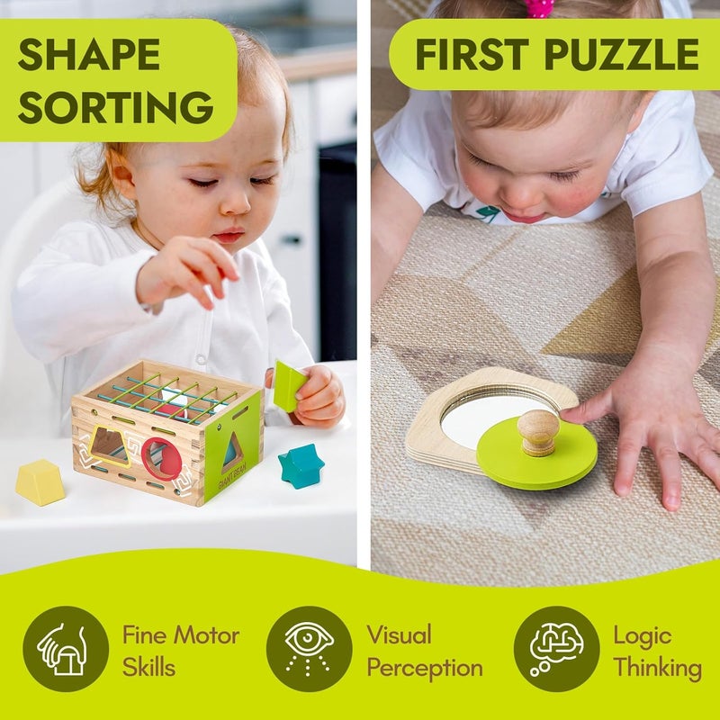 Giant bean Montessori Toys for Baby 6-12 Month,6-in-1 Wooden Early Education Learning Toys with Sensory Teething,Object Permanence Box, Shape Sorting Stacking Ring,Mirror Puzzle,Toy for Kid 1 2 3 Year Old - Image 4