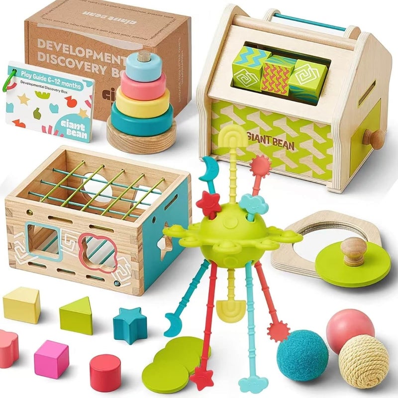 Giant bean Montessori Toys for Baby 6-12 Month,6-in-1 Wooden Early Education Learning Toys with Sensory Teething,Object Permanence Box, Shape Sorting Stacking Ring,Mirror Puzzle,Toy for Kid 1 2 3 Year Old - Image 1