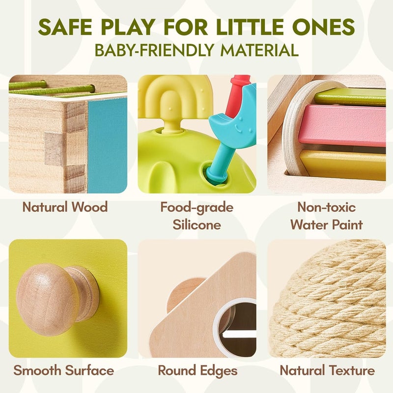 Giant bean Montessori Toys for Baby 6-12 Month,6-in-1 Wooden Early Education Learning Toys with Sensory Teething,Object Permanence Box, Shape Sorting Stacking Ring,Mirror Puzzle,Toy for Kid 1 2 3 Year Old - Image 5