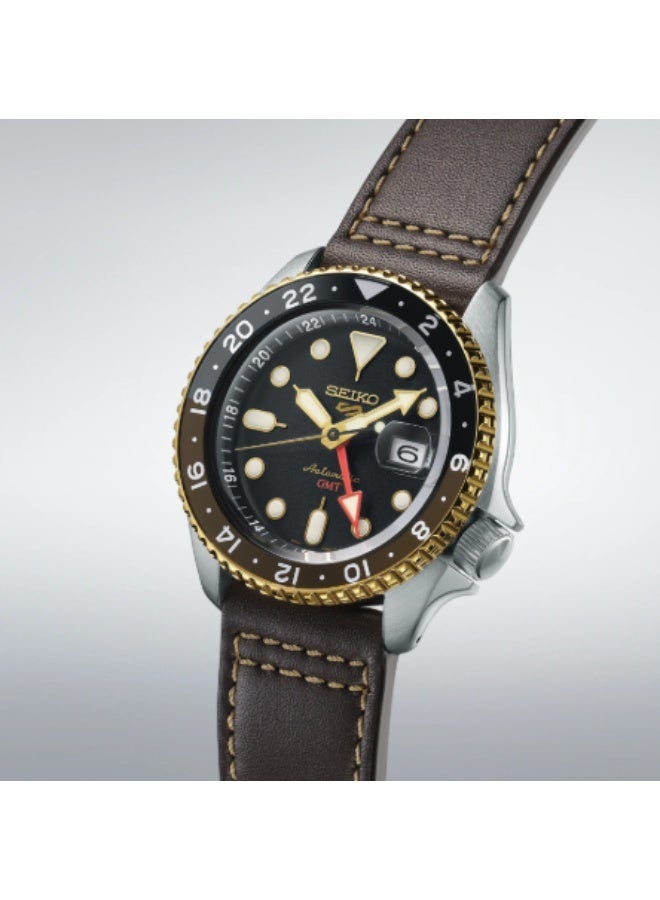 Seiko 5 Sports Men's Automatic GMT Watch SSK036K | Black Dial Brown Leather Strap - Image 5