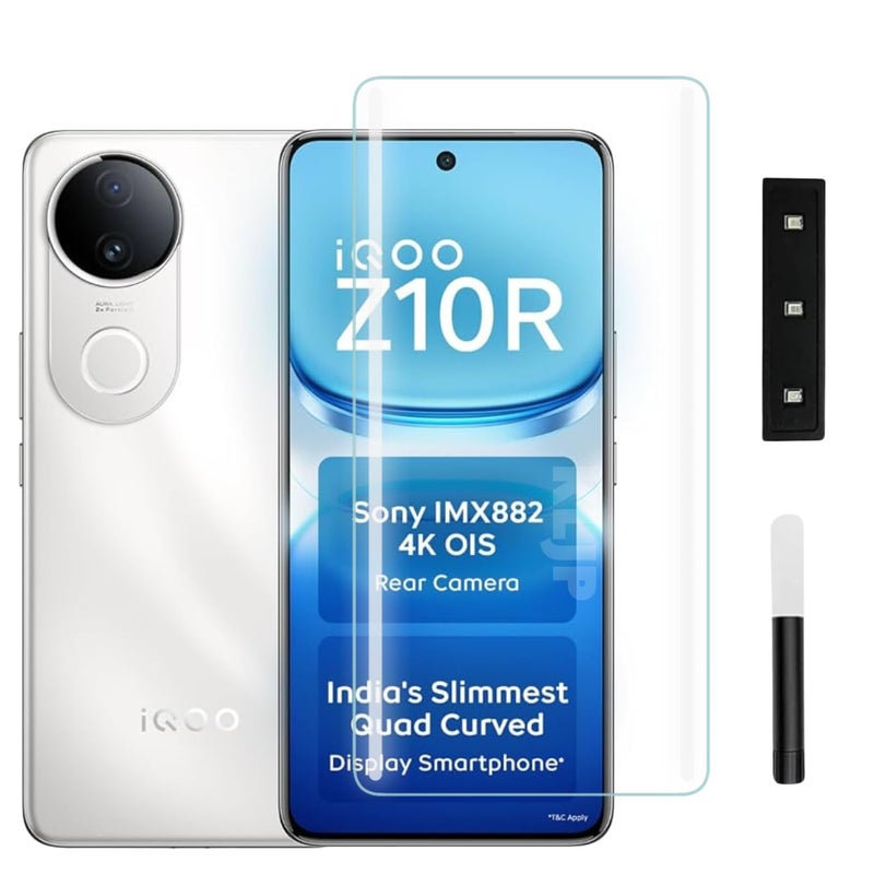 KLJP حماية شاشة زجاجية مقواة من غوريلا HD+ منحنية بتقنية UV مصممة لجهاز IQOO Z10R 5G - حماية كاملة من الحافة إلى الحافة مع مجموعة تركيب سهلة - Image 1