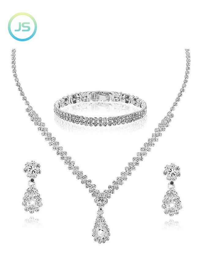 JS Women's 4 Pcs Rhinestone Necklace Earrings Bracelet Set, Drop-Shaped Pendant V-Neck Chain Ear Dangle Bridal Evening Dress, Accessories for Women Simple Versatile - Image 1