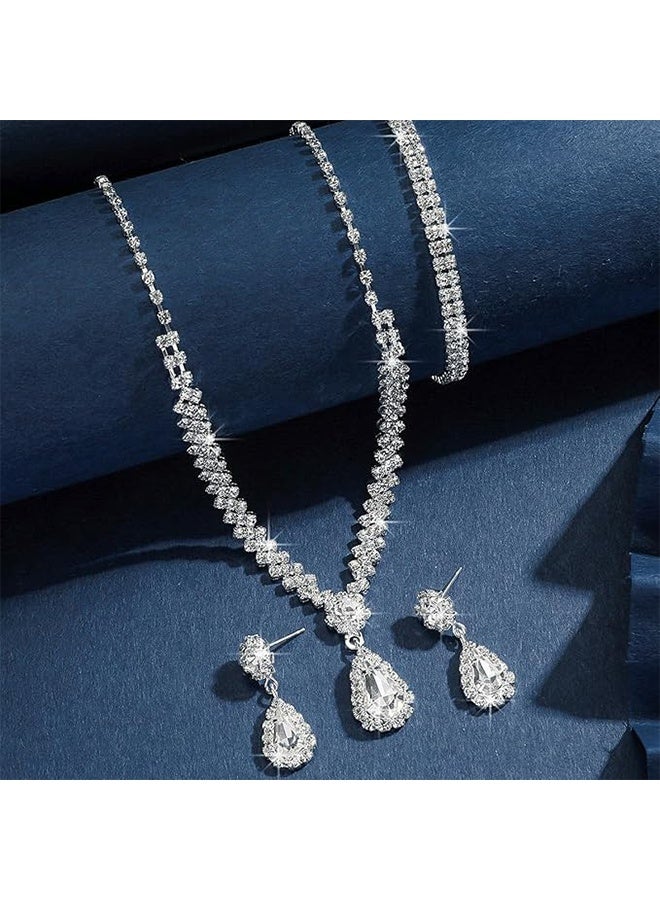 JS Women's 4 Pcs Rhinestone Necklace Earrings Bracelet Set, Drop-Shaped Pendant V-Neck Chain Ear Dangle Bridal Evening Dress, Accessories for Women Simple Versatile - Image 3