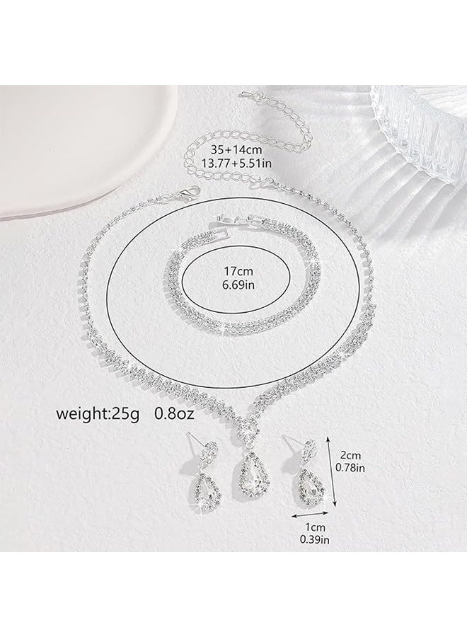 JS Women's 4 Pcs Rhinestone Necklace Earrings Bracelet Set, Drop-Shaped Pendant V-Neck Chain Ear Dangle Bridal Evening Dress, Accessories for Women Simple Versatile - Image 4