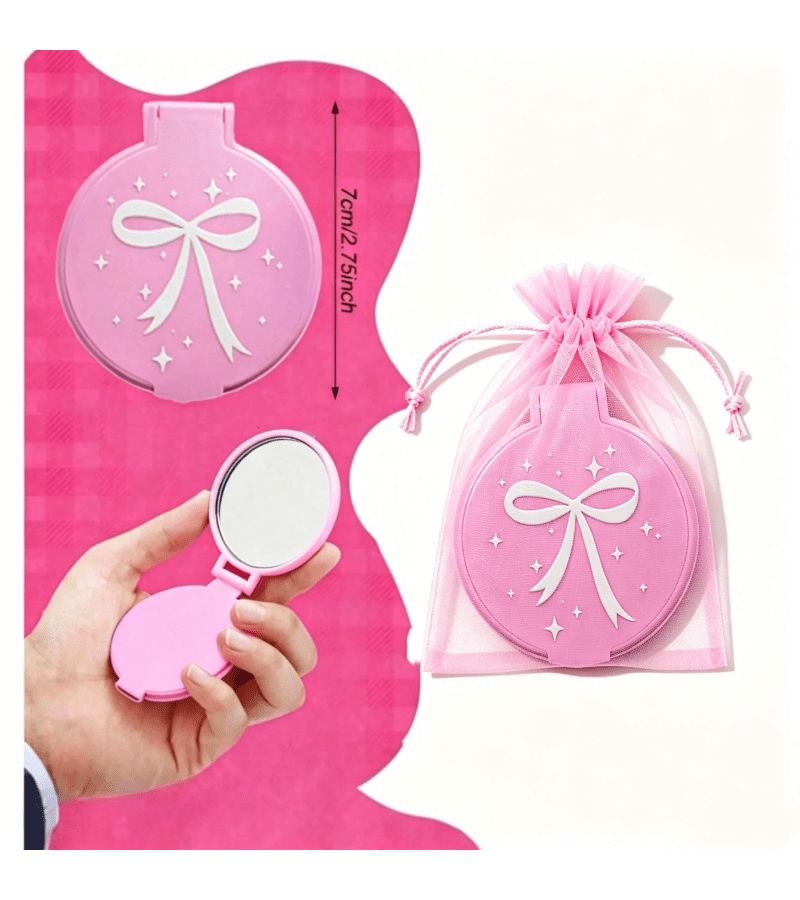 10pcs Pink Bow Mini Pocket Mirror Set Compact Round Folding Makeup Mirror With 5 Storage Bags Korean Style Vanity Accessory Party Favor Bridal Shower Gift - Image 4
