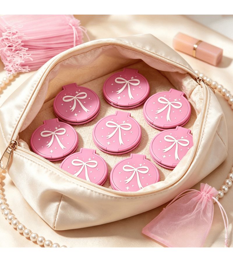 10pcs Pink Bow Mini Pocket Mirror Set Compact Round Folding Makeup Mirror With 5 Storage Bags Korean Style Vanity Accessory Party Favor Bridal Shower Gift - Image 5