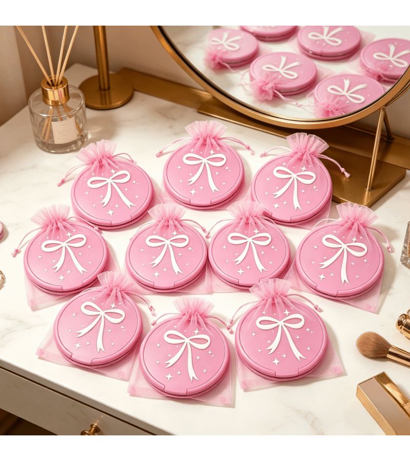 10pcs Pink Bow Mini Pocket Mirror Set Compact Round Folding Makeup Mirror With 5 Storage Bags Korean Style Vanity Accessory Party Favor Bridal Shower Gift - Image 2