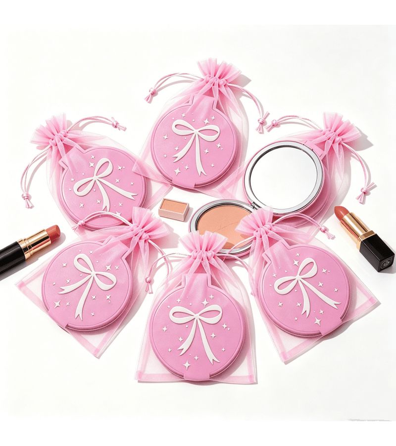 10pcs Pink Bow Mini Pocket Mirror Set Compact Round Folding Makeup Mirror With 5 Storage Bags Korean Style Vanity Accessory Party Favor Bridal Shower Gift - Image 3