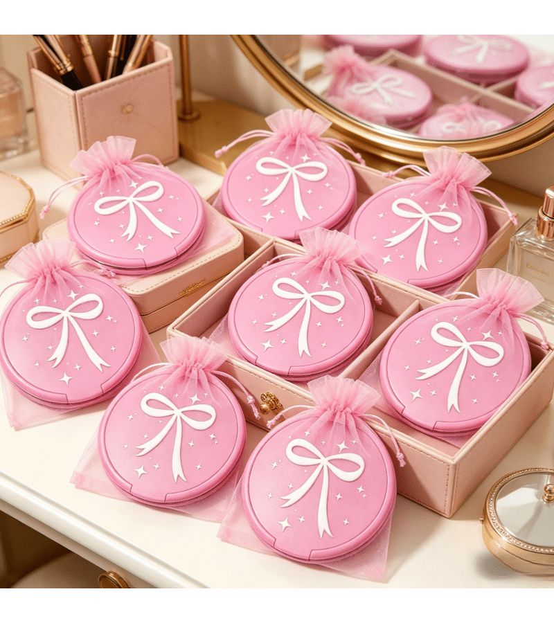 10pcs Pink Bow Mini Pocket Mirror Set Compact Round Folding Makeup Mirror With 5 Storage Bags Korean Style Vanity Accessory Party Favor Bridal Shower Gift - Image 1