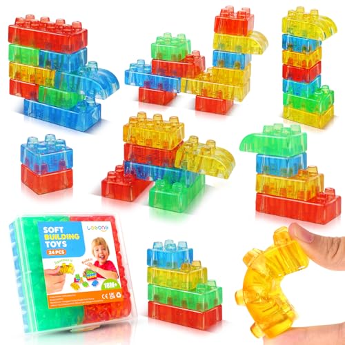 LESONG Sensory Building Toys for Toddlers 24PCS Squeezable Silicone Stacking Toys Early Learning Construction Playset for Preschool Manual Skills Birthday Gifts - Image 1