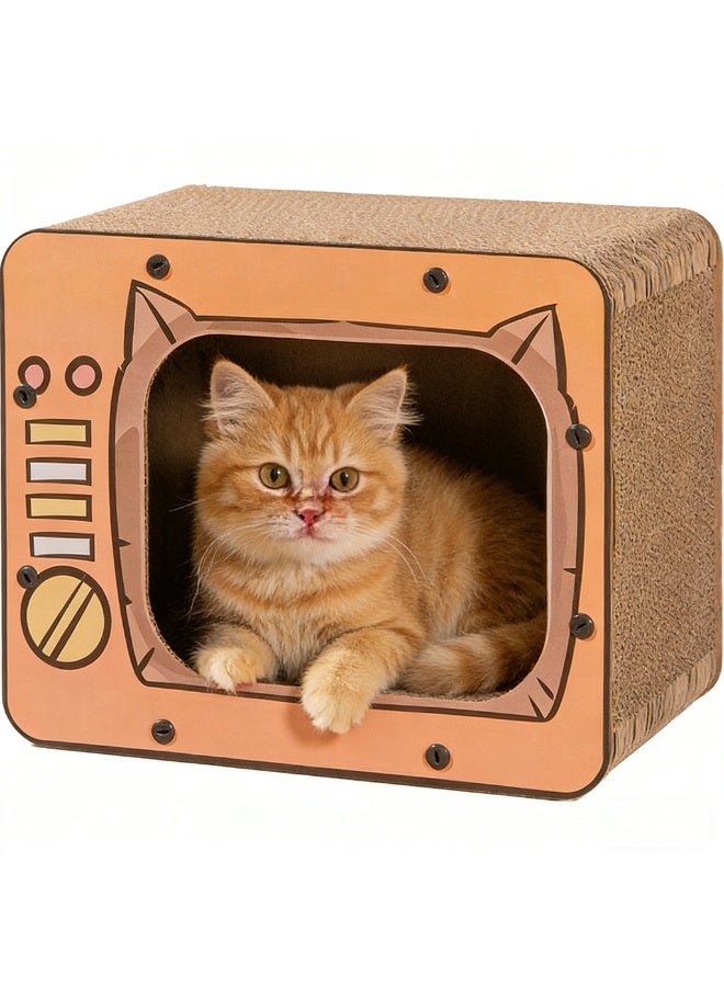 EPET Cat Scratcher Cardboard House & Lounge- Retro TV Durable Corrugated Scratching Pad (Orange) - Image 1