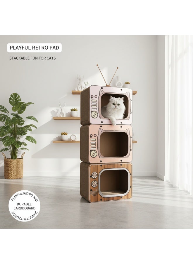 EPET Cat Scratcher Cardboard House & Lounge- Retro TV Durable Corrugated Scratching Pad (Orange) - Image 2