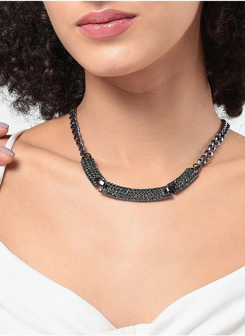 SOHI Crystal Cluster Collar Necklace - Dark Silver-Colour