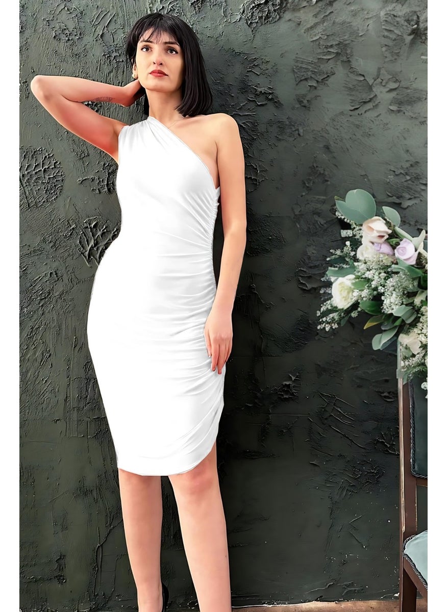 Due Stelle White One Shoulder Gathered Detail Dress, White Wedding Dress, White Midi Dress  - Image 1