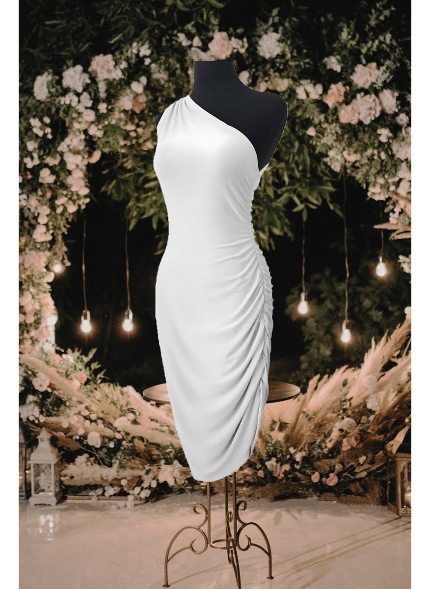 Due Stelle White One Shoulder Gathered Detail Dress, White Wedding Dress, White Midi Dress  - Image 3