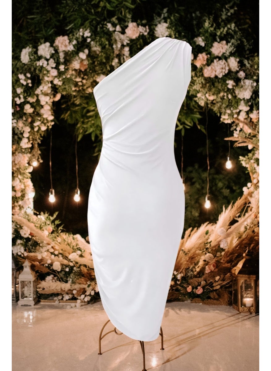 Due Stelle White One Shoulder Gathered Detail Dress, White Wedding Dress, White Midi Dress  - Image 2