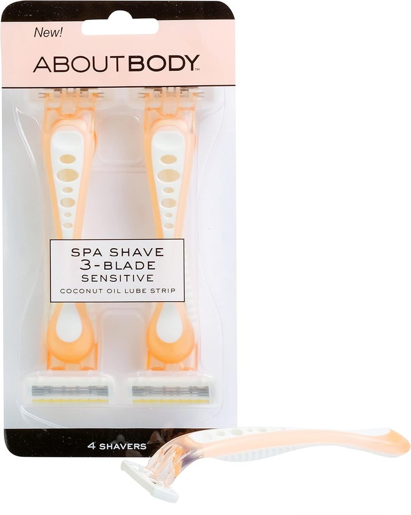 About Face Body Spa Shave 3-Blade Sensitive, Disposable Razors; 4 Shavers per Package; Premium Disposable Shavers With Coconut Oil Lube Strip; Conditions Skin for Smooth, Close, Gentle Shave - Image 1
