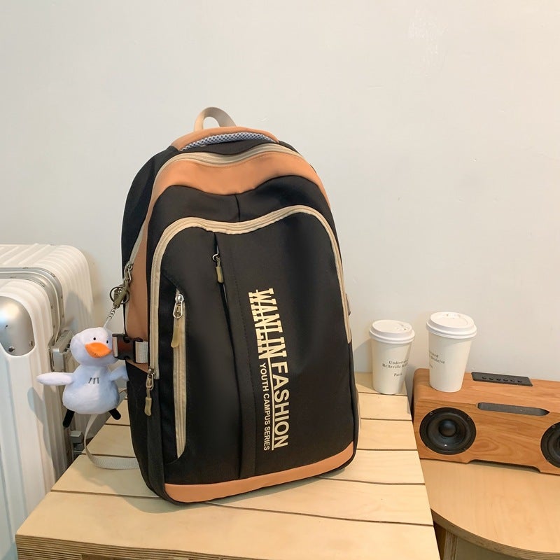 Unisex Large Capacity Nylon School Bag For High School Middle Students Travel Lightweight Double Shoulder Bag Black refueling duck pendant 